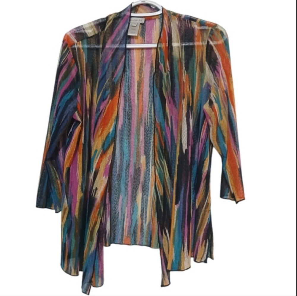 Multiples Colorful Mesh Sheer Cardigan Womans Medium Petite Artsy Abstract
